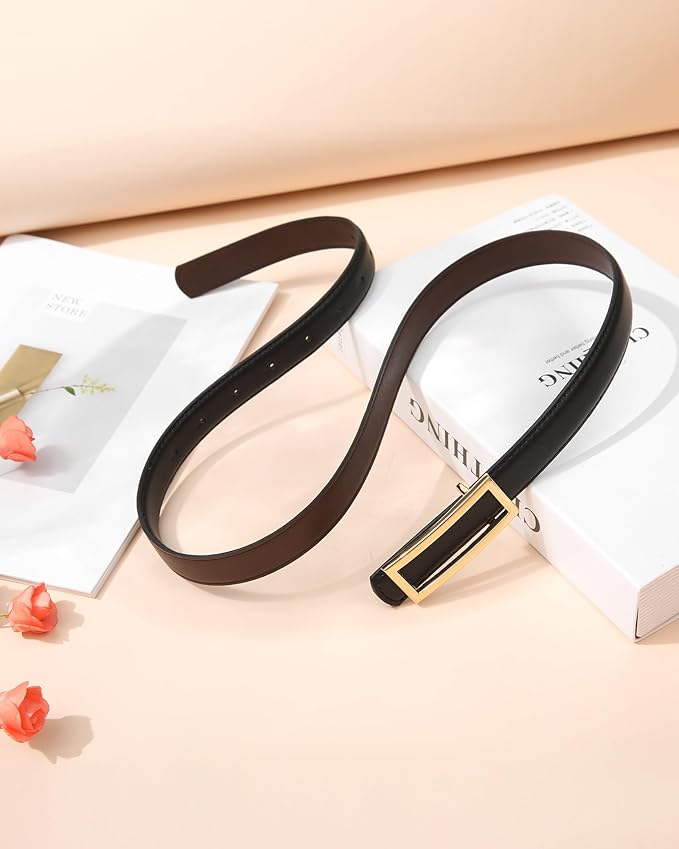 AWAYTR Women Reversible Leather Belt - Two-in-One Women Fashion Skinny Belt for Jeans with Golden Buckle