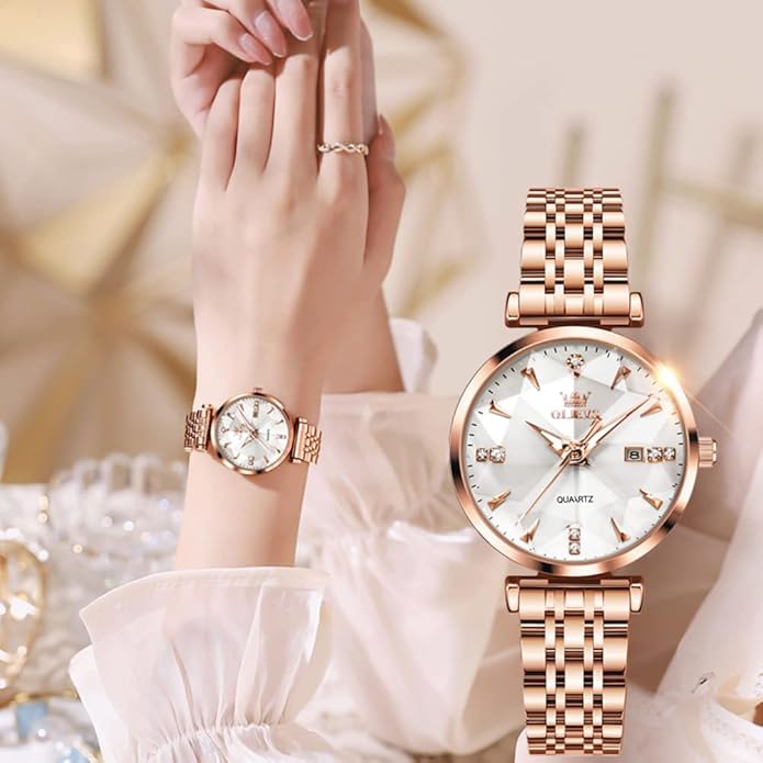 OLEVS Women Watches Simple Dress Ladies Watch Rose Gold Stainless Steel Watch Waterproof Quartz Date Luxury Diamond Small Wristwatch Fashion Analog Female Reloj Mujer Blue White Green Red Yellow Face