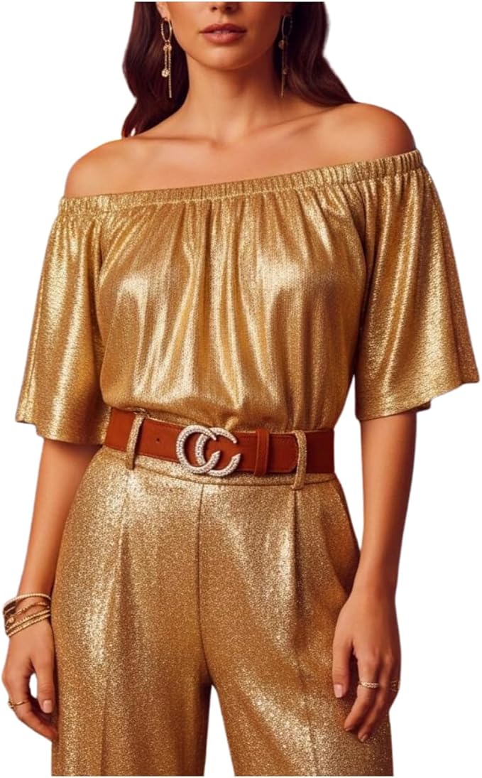 Women's Brown Faux Leather Stretch Waist Belt – Chic Rhinestone CC Buckle – Skinny Adjustable Fashion Accessory – Size S/M – WB30