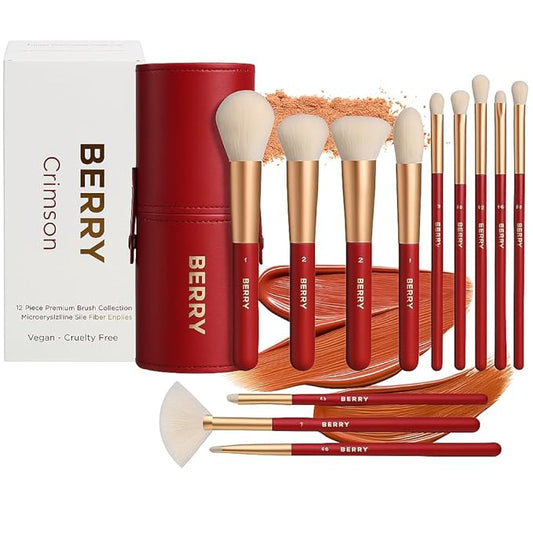 BERRY GOODS 12-Piece Makeup Brush Set with Microcrystalline Silk Fibers – Ultra-Soft, Vegan & Cruelty-Free Face & Eye Brushes with Travel Case (BERRY Red)