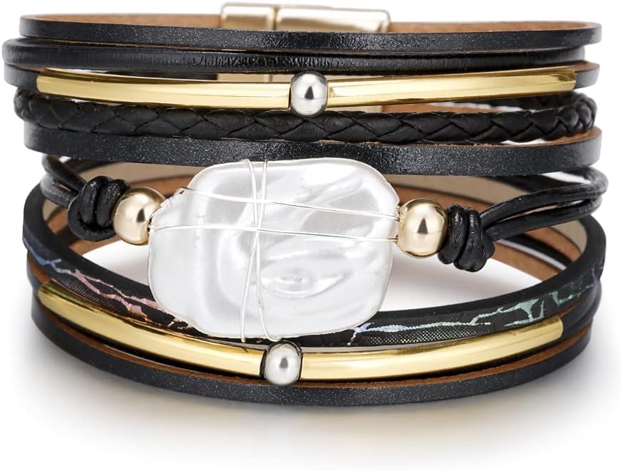 Fesciory Leopard Bracelet for Women, Boho Leather Wrap Multi-Layer Pearl Crystal Bracelet Bangle Jewelry