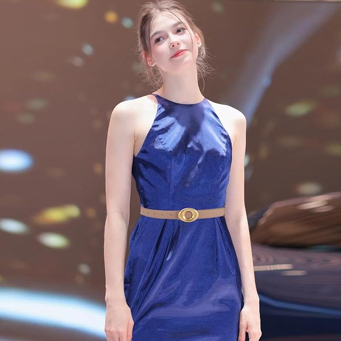 Women's Elegant Casual Genuine Leather Belt with Matte Oval Vintage Gold Buckle for Jeans Pants Dresses