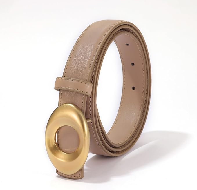 Women's Elegant Casual Genuine Leather Belt with Matte Oval Vintage Gold Buckle for Jeans Pants Dresses