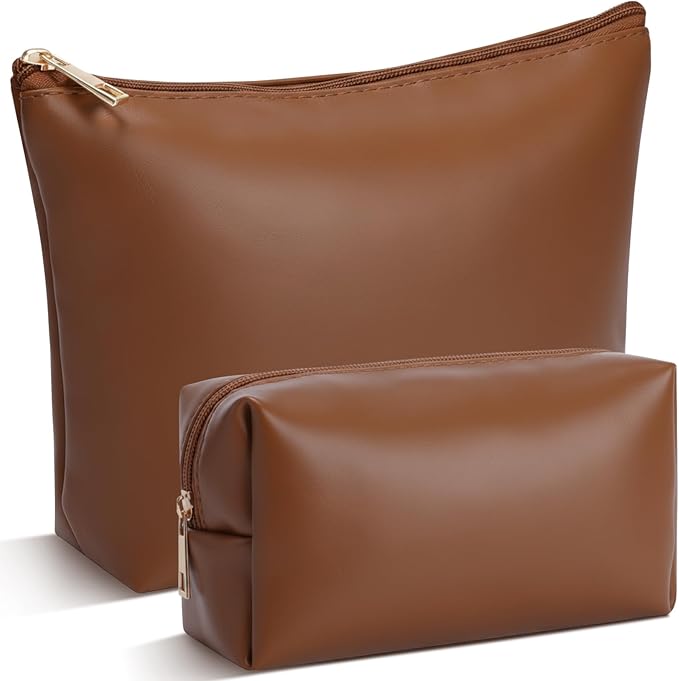 Kigeli 2 Pcs PU Leather Makeup Bag Set for Women Aesthetic Cosmetic Bag Small Toiletry Travel Pouch for Purse Emergency Skincare Organizer Valentine Gifts for Bridesmaid Birthday(Brown)
