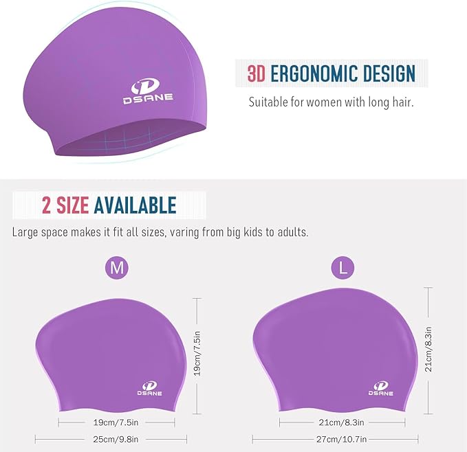 Womens Silicone Swim Cap for Long Hair,3D Ergonomic Design Silicone Swimming Caps for Women Kids Men Adults Boys Girls with Ear Plug and Nose Clip