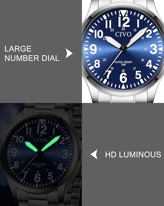 CIVO Analog Wrist Watches for Men: Waterproof Stainless Steel Mens Watches - Silver Watch with Easy Read Dial Men's Watch for Gift