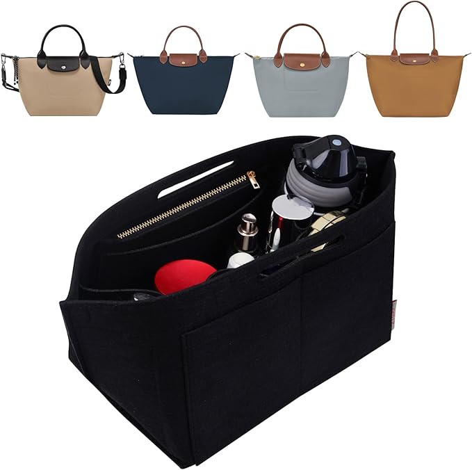 ZTUJO Purse Organizer Insert For Longchamp Le Pliage, Premium Felt Longchamp Purse Organizer Insert Small Medium Large, Tote Organizer Insert (Black, Large For Top Handle M And Shoulder Bag L)