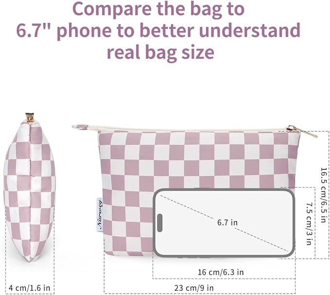 Narwey Small Checkered Makeup Bag for Purse Small Cosmetic Bag Women Travel Makeup Pouch Zipper Pouch (Dusty Rose Checkerboard)