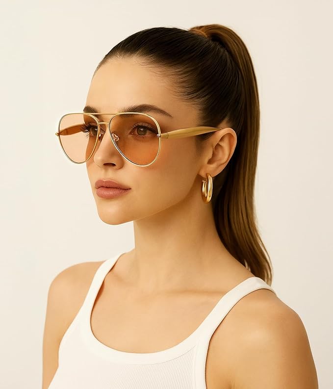 FEISEDY Oversized Aviator Sunglasses Women Men - Retro Gold Metal Chunky Frame, UV400 for Driving & Daily Wear B0311