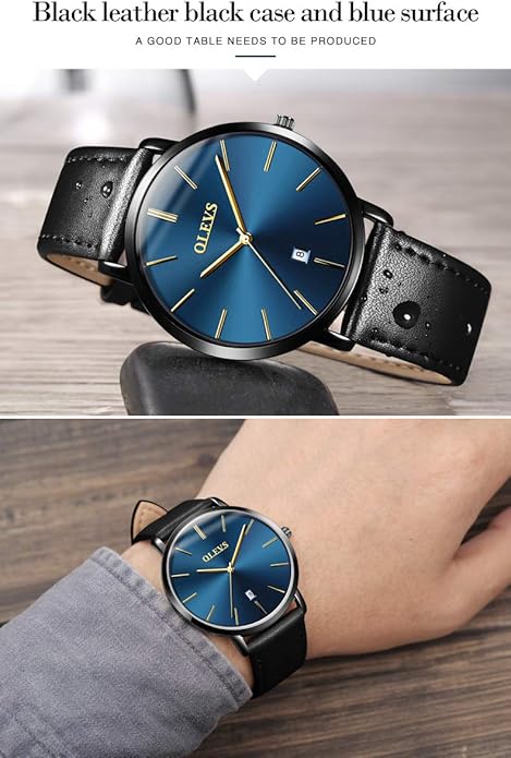 OLEVS Mens Watches Minimalist Ultra Thin Fashion Casual Analog Quartz Date Watch Waterproof Slim Simple Big Face Dress Wrist Watch Leather Band for Men