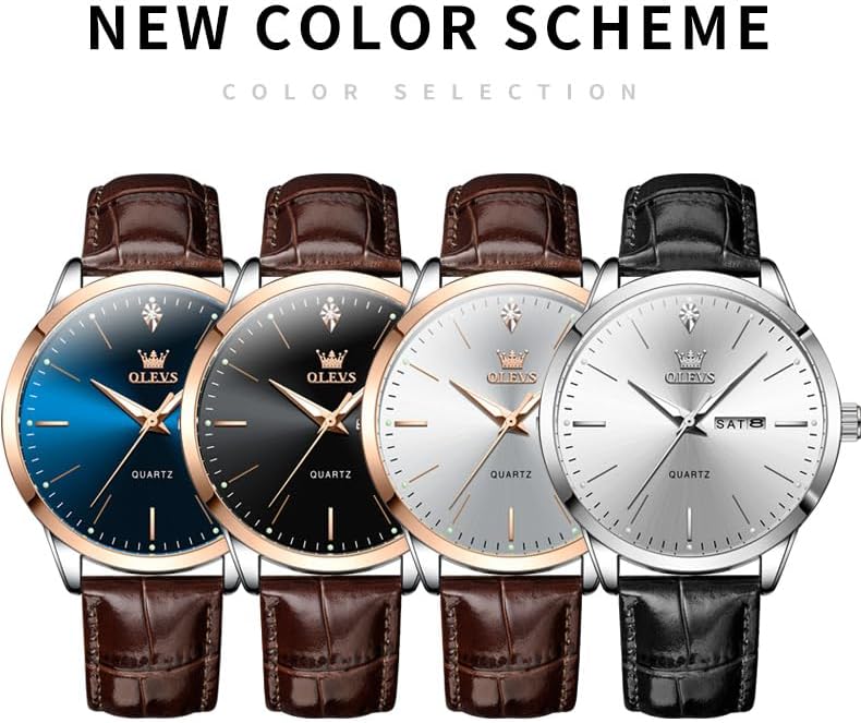 OLEVS Mens Watches, Casual Leather Watches for Men Easy to Read Quartz Number Watch with Date Waterproof Blue/Black/Silver Face Men's Wrist Watches…