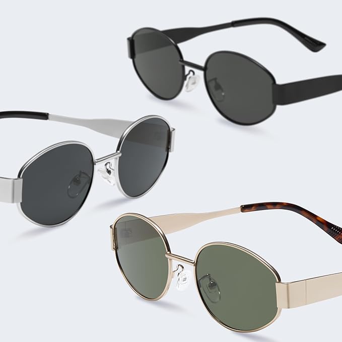 livho Retro Polarized Sunglasses - UV400 Protection, Oval Shape, Metal Frames - Matching Soft Case Inlcuded