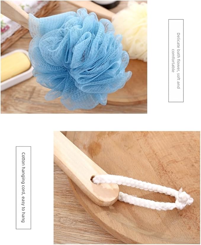 Shower Body Brush with Loofah and Long Handle for Exfoliating, Dry and Wet Brushing, Hanging Hole, Grey(Blue)