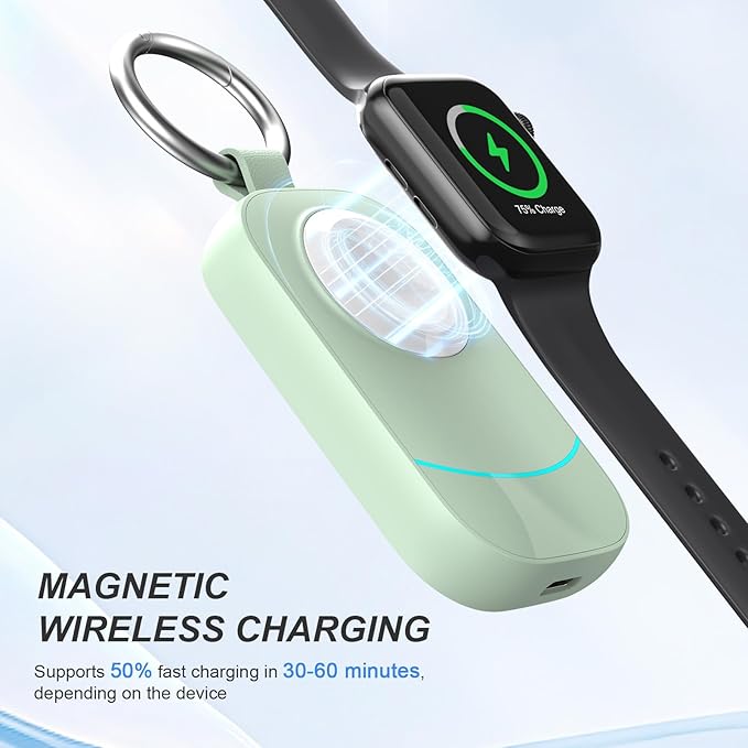 Portable Travel Charger for Apple Watch Series 11-2500mAh Wireless Keychain Charger for Apple Watch Series 10/9/8/7/6/5/4/3/2/UItra 2/UItra 3/SE 2/SE 3 Green