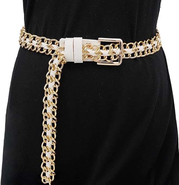 Glamorstar Gold Metal Punk Belts Leather Chain Waist Belt for Women Dresses