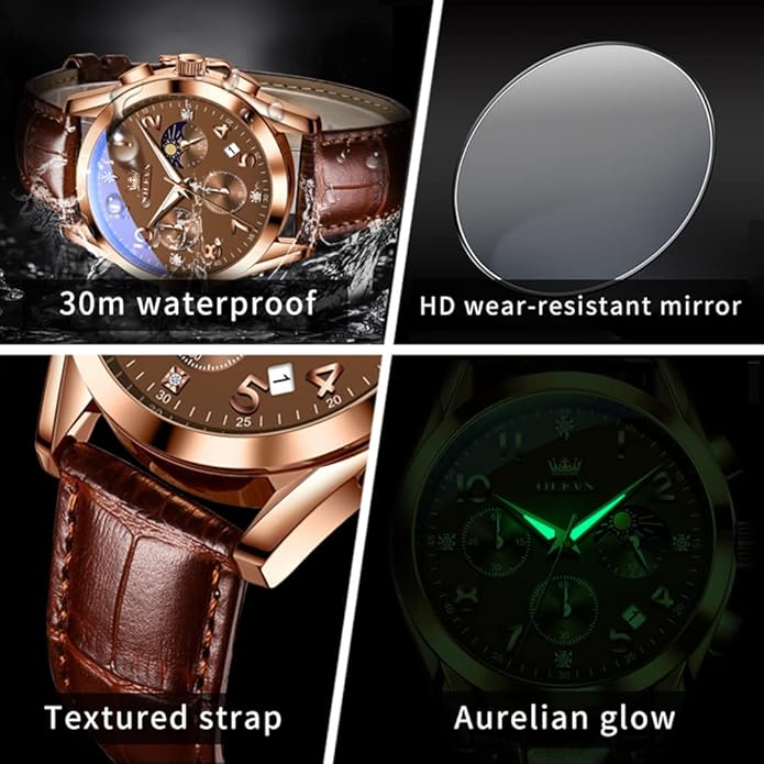 OLEVS Men's Watches Brown Leather with Date,Casual Watches for Men,Large Face Watches Men,Chronograph Mens Watch,Sport Waterproof Business Dress Analog Quartz Men's Wrist Watches Reloj De Hombre