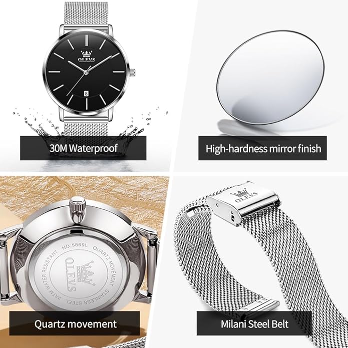 OLEVS Mens Watches Minimalist Ultra Thin Fashion Casual Analog Quartz Date Watch Waterproof Slim Simple Big Face Dress Wrist Watch Leather Band for Men
