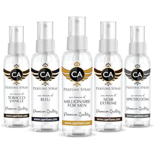 CA Perfume Best Winter Men Set Impression of(Blue +Millionaire for men + Spice Bloom + Tobacco Vanilla + Noir extreme) Fragrance Sample Travel Size Parfum Sprayer (2 Fl Oz/60 ml) x 5