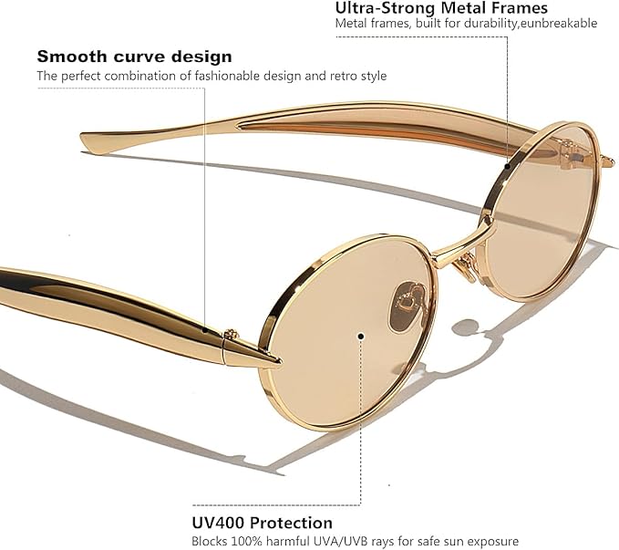 Retro Oval Sunglasses for Women Men - Classic 90s Vintage Trendy Shades with UV400 Protection, Gold Metal Frame
