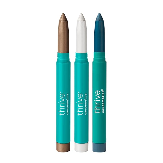 Thrive Causemetics Brilliant Eye Brightener Eyeshadow Stick Bundle for Brown Eyes, 3 Shades, Waterproof & Crease Proof Cream to Powder Long Lasting Formula, 3 Shadow Sticks & Confetti Makeup Bag