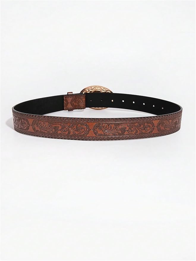 Women's Floral Embroidery Genuine Leather Belt Vintage Square Buckle