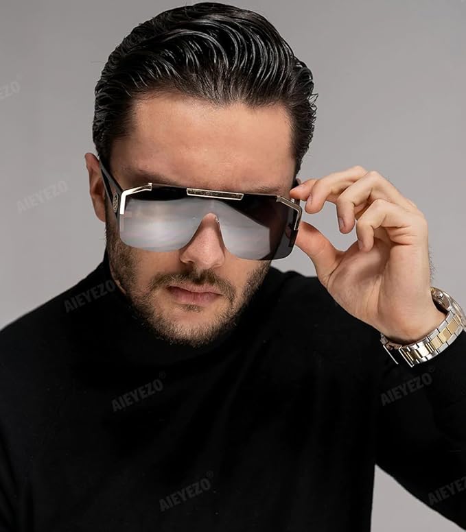 AIEYEZO Square Oversized Sunglasses Flat Top Shield Sun Glasses for Men Women One Lens Square Shades