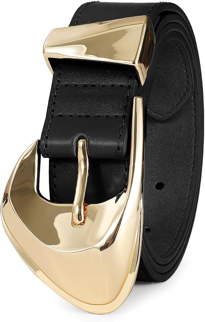 Women's Brown Belt Trend Belt with Gold Buckle Fashion Leather Waist Belt for Jeans Pants