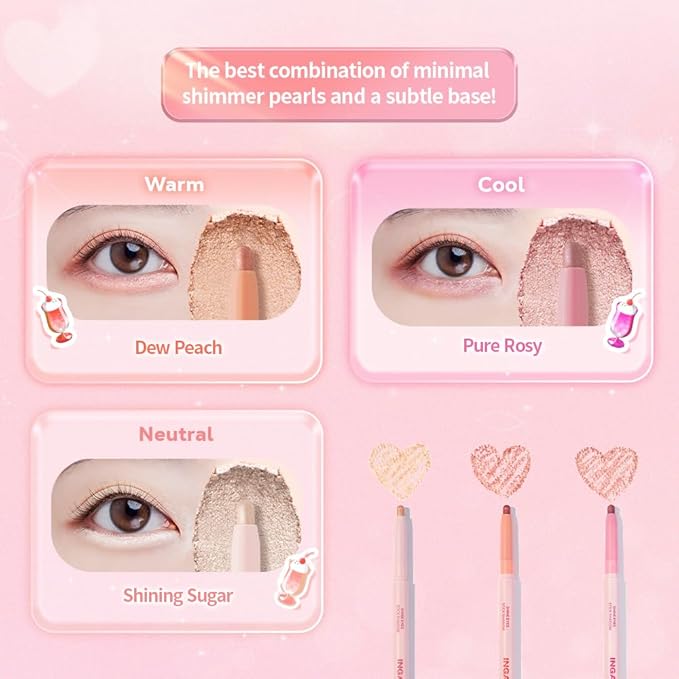 INGA Shine Eyes Stick Shadow - Creamy Shimmer Eyeshadow, Smudge-Proof, Easy-to-Blend, Long-Lasting Eye Makeup Stick with Precise Tip for Easy Application (Pure Rosy)