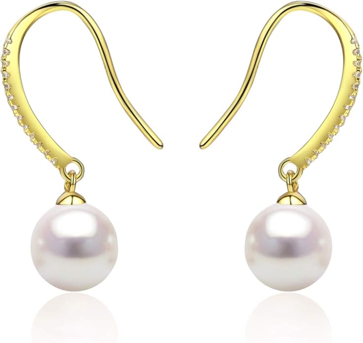 CHAULRI Minimalist Modern Sleek Cultured White Pearl Earrings 8-9mm Gold Plated Sterling Silver - Jewelry Gifts for Women