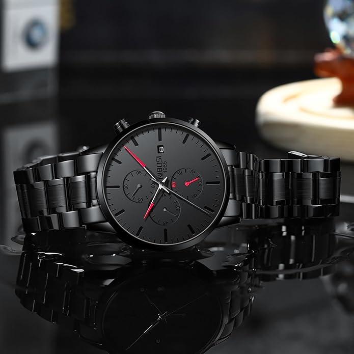 NIBOSI Men's Watches Analog Minimalist Black Dial Watches for Men Business Chronograph Military Casual Wrist Watches Stainless Steel Strap Date