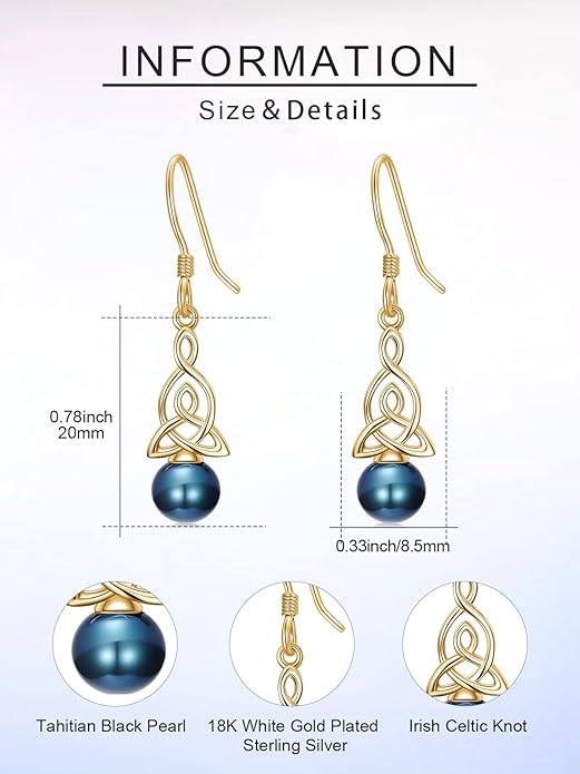 Tahitian Black Pearl AAAA 18K Gold Plated Sterling Silver Dangle Drop Earrings for Women Wife Mom Girlfriend Valentine Her Jewelry Gift for Anniversary Birthday Christmas