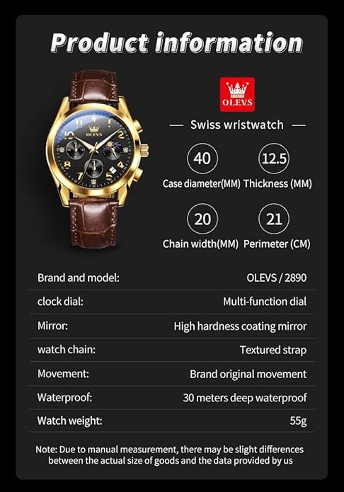 OLEVS Men's Watches Brown Leather with Date,Casual Watches for Men,Large Face Watches Men,Chronograph Mens Watch,Sport Waterproof Business Dress Analog Quartz Men's Wrist Watches Reloj De Hombre