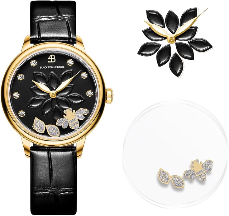 Womens Watch Bee Watches for Women Moving Bees Between Double Sapphire Glass with Genuine Leather Strap Luminous Hands and Trendy Watch with 12 Genuine Diamonds Rose Gold Mesh Band 28mm