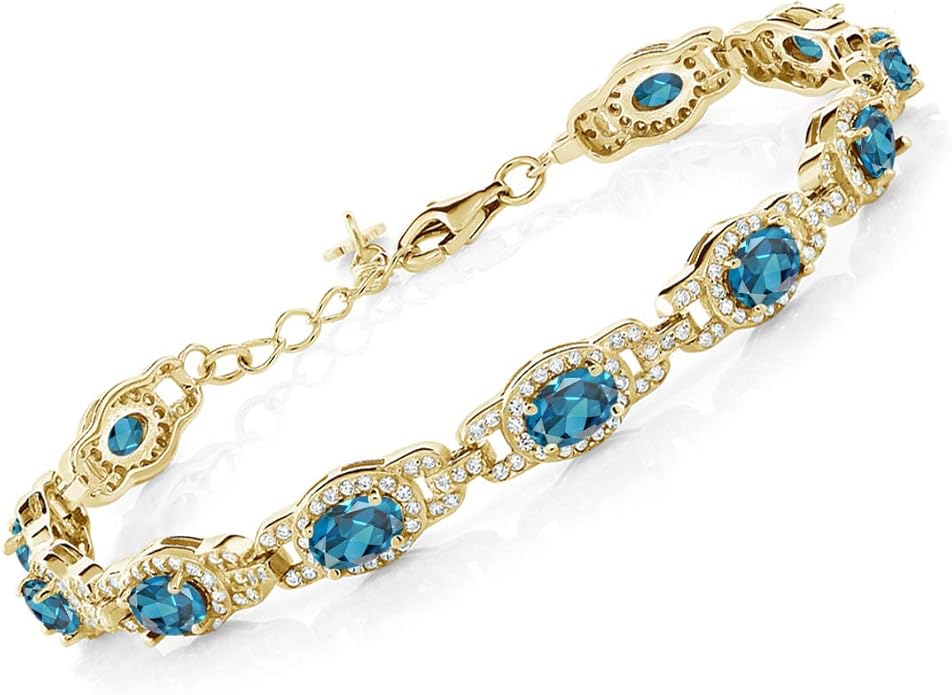 Gem Stone King 18K Yellow Gold Plated Silver Oval Gemstone Birthstone Tennis Bracelet For Women | Oval 6X4MM | 7 Inch With 1 Inch Extender | Fine Jewelry Gifts for Her Mom Women Wife
