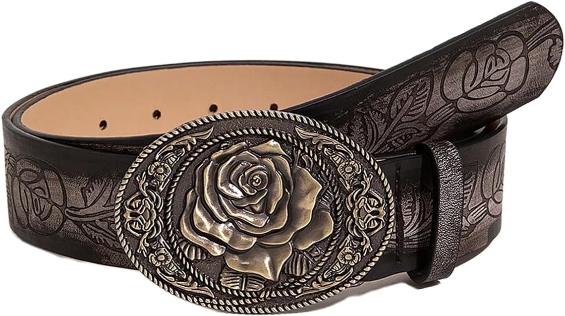 Women's Floral Embroidery Genuine Leather Belt Vintage Square Buckle