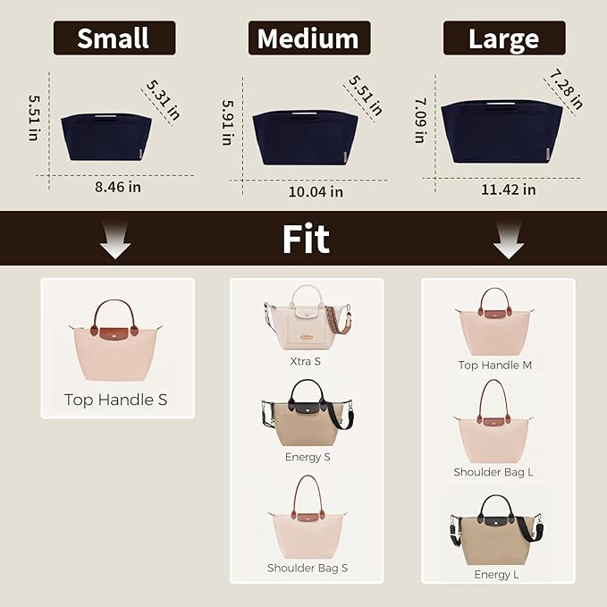ZTUJO Purse Organizer Insert For Longchamp Le Pliage, Premium Felt Longchamp Purse Organizer Insert Small Medium Large, Tote Organizer Insert (Navy Blue, Large For Top Handle M And Shoulder Bag L)