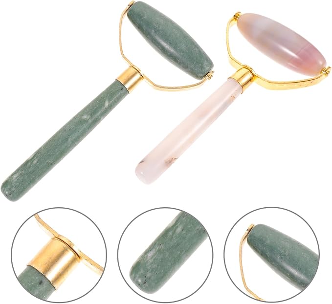 2Pcs Jade Facial Massager Roller and Scraper for Face and Eye Massage Natural Tool for Skin Care Wrinkle Reduction Suitable for Neck Shoulder and Body Massage