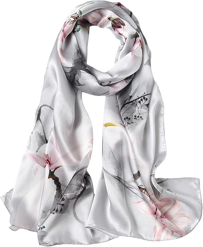 100% Mulberry Silk Scarfs for Women Floral Print Satin Long Scarf for Headscarf Hair Wraps Shawl with Gift Packed