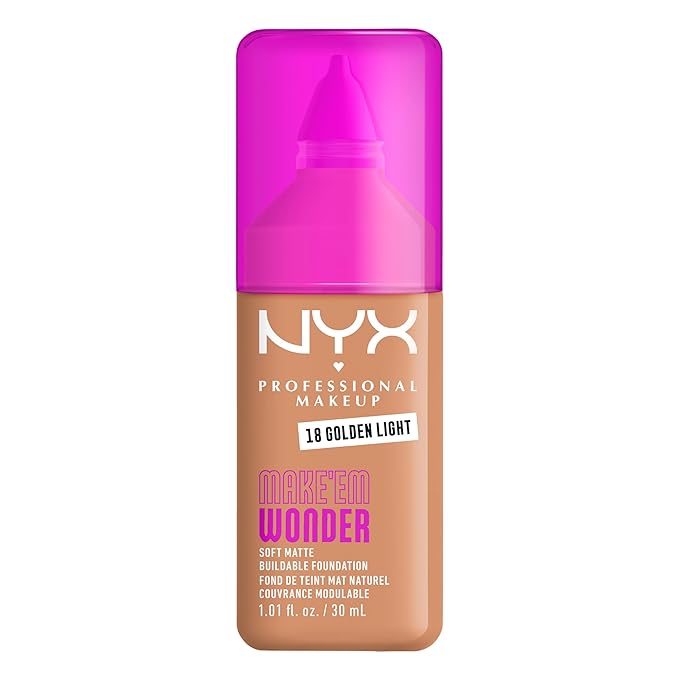 NYX PROFESSIONAL MAKEUP Make 'Em Wonder Liquid Foundation, 24HR Foundation Makeup With A Soft Matte Finish, Buildable Full Coverage - 18 Golden Light