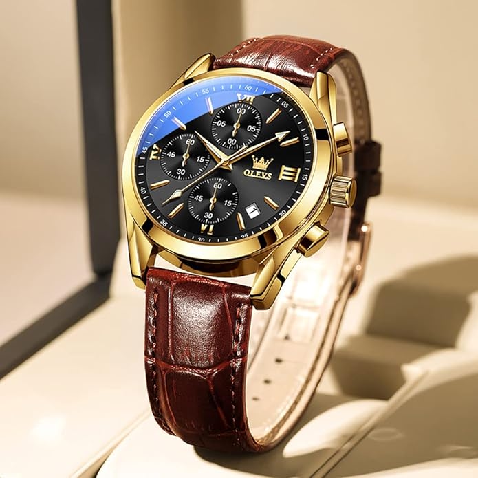 OLEVS Men's Watches Brown Leather with Date,Casual Watches for Men,Large Face Watches Men,Chronograph Mens Watch,Sport Waterproof Business Dress Analog Quartz Men's Wrist Watches Reloj De Hombre