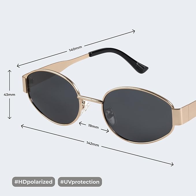 livho Retro Polarized Sunglasses - UV400 Protection, Oval Shape, Metal Frames - Matching Soft Case Inlcuded