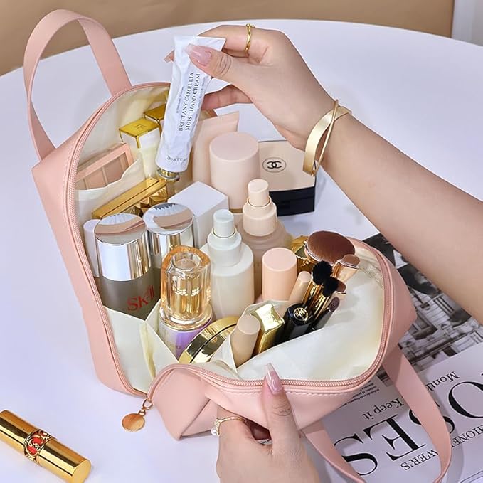 coldchill Travel Makeup Bag, Large Capacity Cosmetic Bags, Waterproof Portable Pouch, Open Flat Toiletry Bag Make up Organizer with Divider and Handle for Women and Girls (Pink)