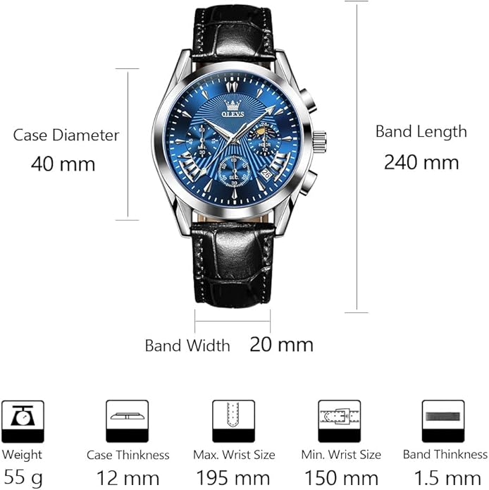 OLEVS Men's Casual Leather Watch, Big Face Chronograph Watch for Men, Fashion Easy to Read Dress Watch, Men's Waterproof Luminous Date Analog Watch, Gold/Black/White/Blue Dial