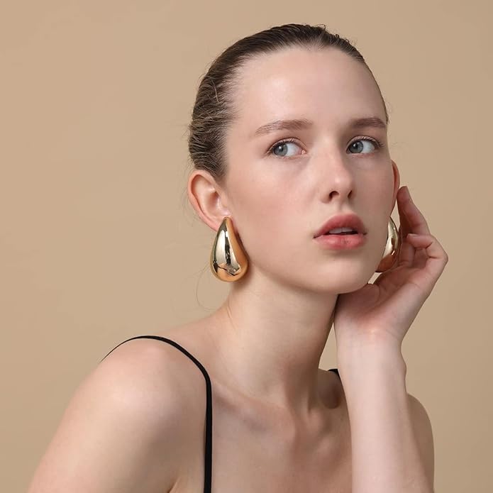 Apsvo Chunky 14K Gold Plated Hoop Earrings for Women, Lightweight Waterdrop Hollow Open Hoops, Hypoallergenic Dupes Earrings
