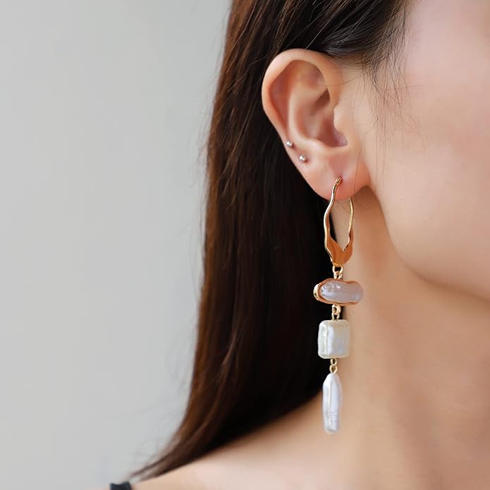 Statement Pearl Dangle Earrings,Gold and Large Pearl,Luxury Chandelier Organic Style Earrings