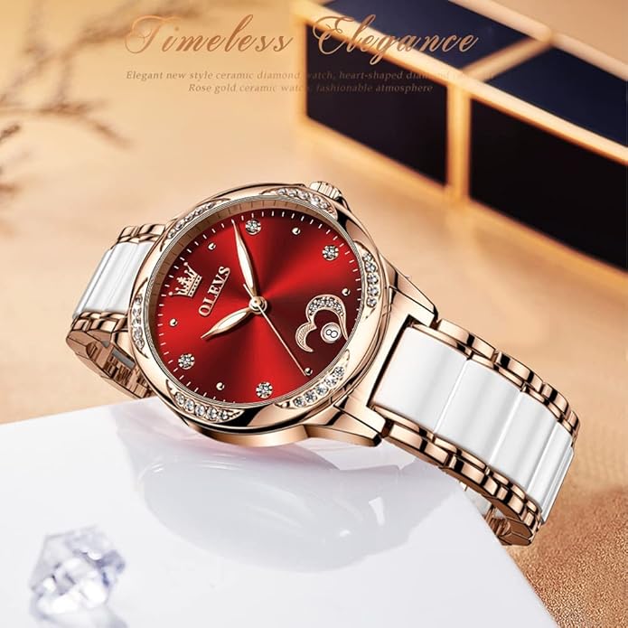 OLEVS Womens Automatic Watch, Premium Large Face Diamond Accented Self Winding Watches for Women, Fashion Waterproof Ladies Dress Watch, Two Tone Stainless Steel Ceramic Bracelet
