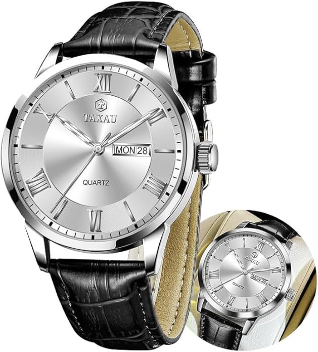 Leather Band Mens Watches with Day Date Quartz Analog Large Face Classic Watch Roman Numerals Dress Luminous Rlojes para Hombres