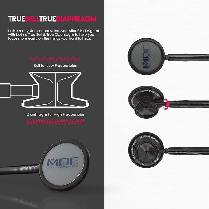 MDF Instruments, Engravable - Acoustica Lightweight Custom Stethoscope for Doctors, Nurses, Students, Home Health Use, Adult, Dual Head, Black Tube, Black Chestpiece-Headset, MDF747XPBO-ENGRAVING