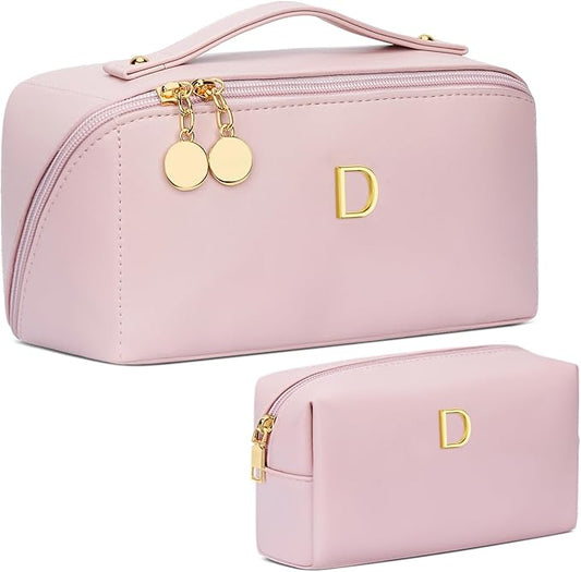 Birthday Gifts for Women Teen Girl, Personalized Initial Makeup Organizer Bag Set, Open Flat Travel Cosmetic Bag With Clear Divider and Handle(Pink,D)