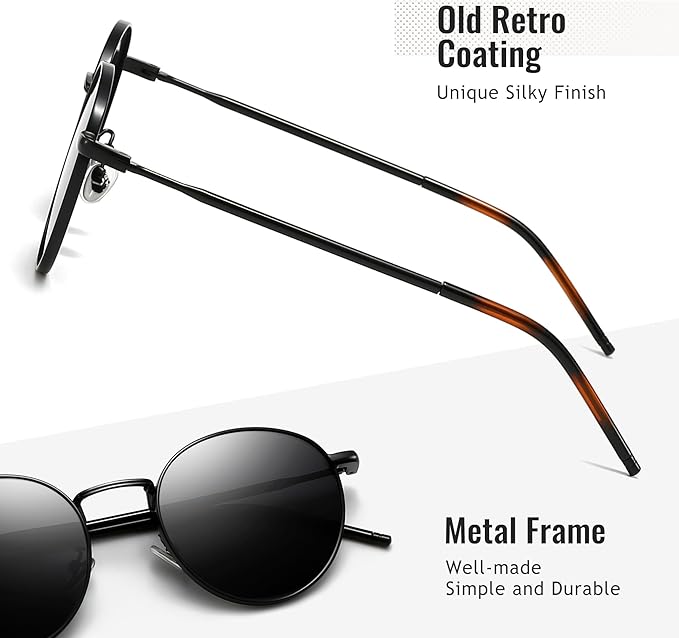 SUNGAIT Ponderable Metal Round Sunglasses for Men Women Classic Vintage Polarized Circle Sun Glasses